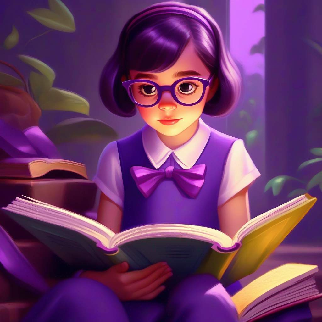 A clever girl with a purple bow, wearing glasses, clever girl with a purple bow, reading a book