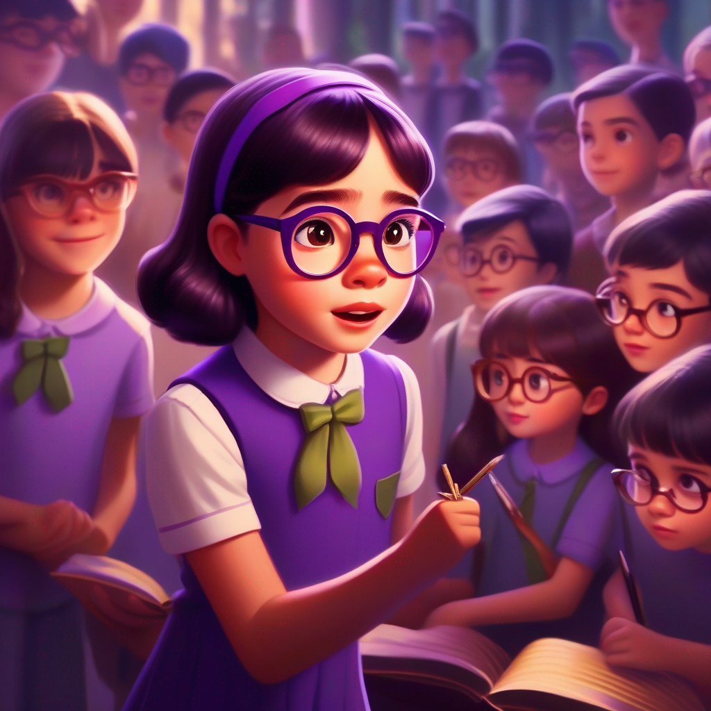 A clever girl with a purple bow, wearing glasses, a clever girl, solving a riddle with her classmates watching