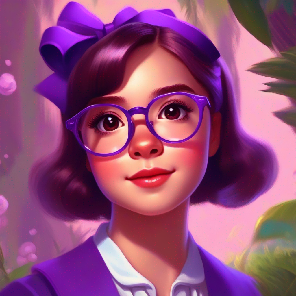 A clever girl with a purple bow, wearing glasses, a clever girl, painting a beautiful picture