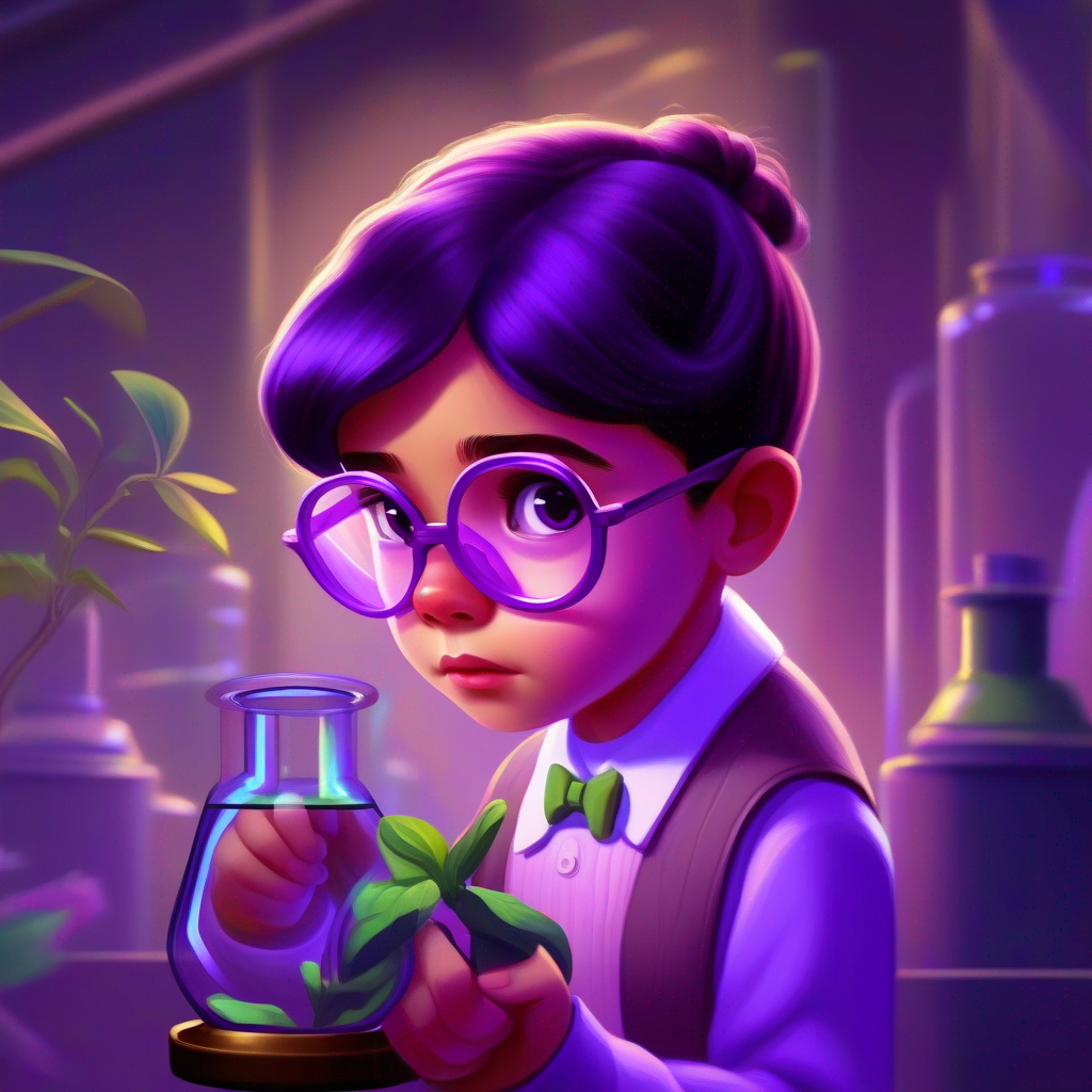 A clever girl with a purple bow, wearing glasses, a clever girl, observing a science experiment