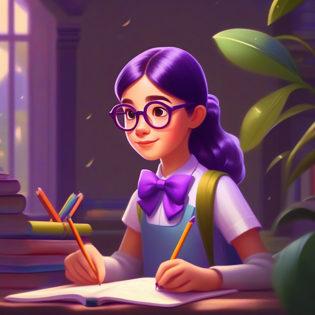 A clever girl with a purple bow, wearing glasses, a clever girl, helping her friends with their homework