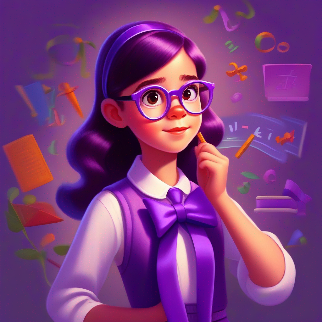 A clever girl with a purple bow, wearing glasses, a clever girl, solving math problems and winning a competition