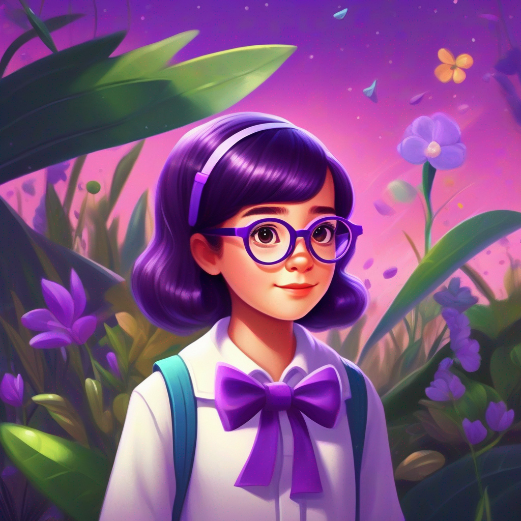 A clever girl with a purple bow, wearing glasses, a clever scientist making discoveries and inspiring others