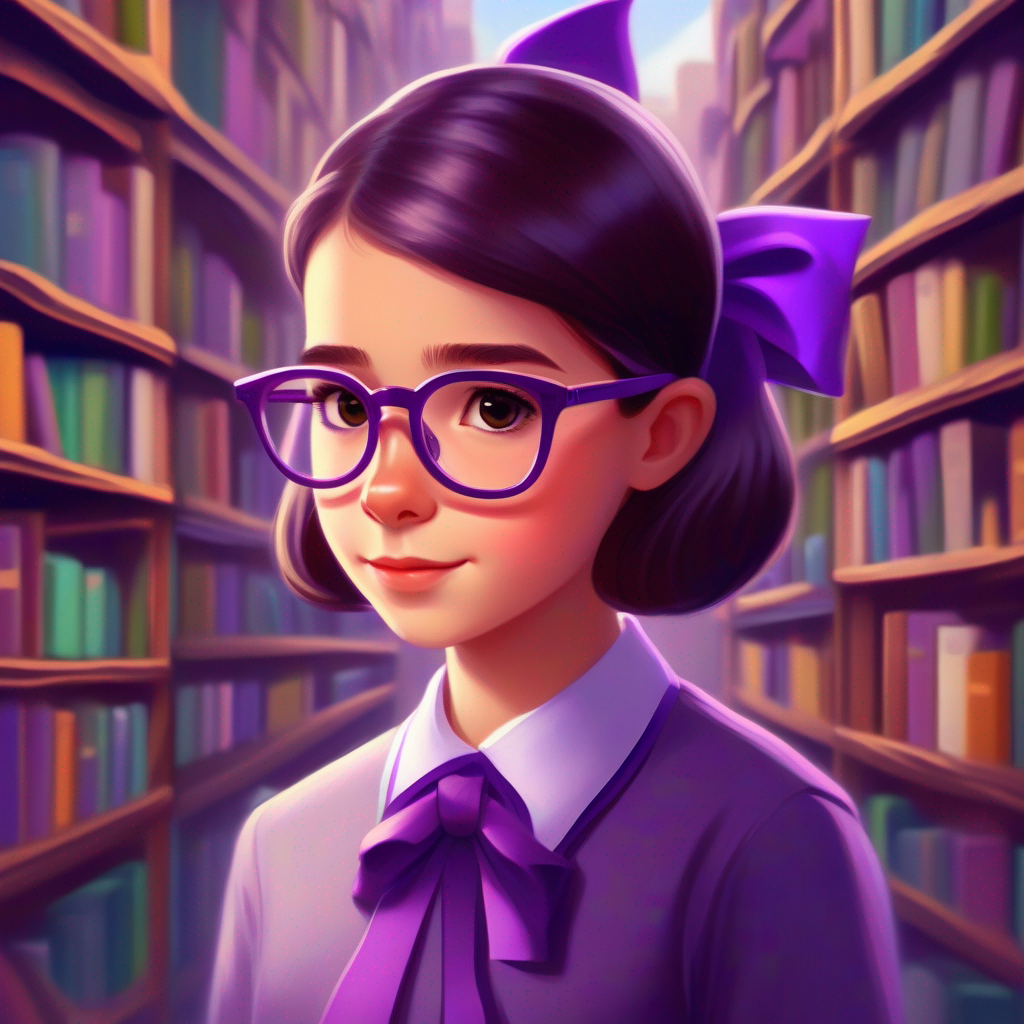 A clever girl with a purple bow, wearing glasses, a clever girl, surrounded by books and the word 'Confidence'
