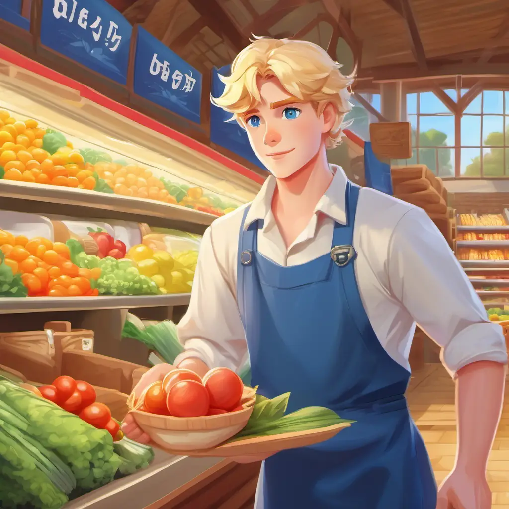 Introduction of Blond hair, blue eyes, fair skin, helpful grocery boy as grocery boy