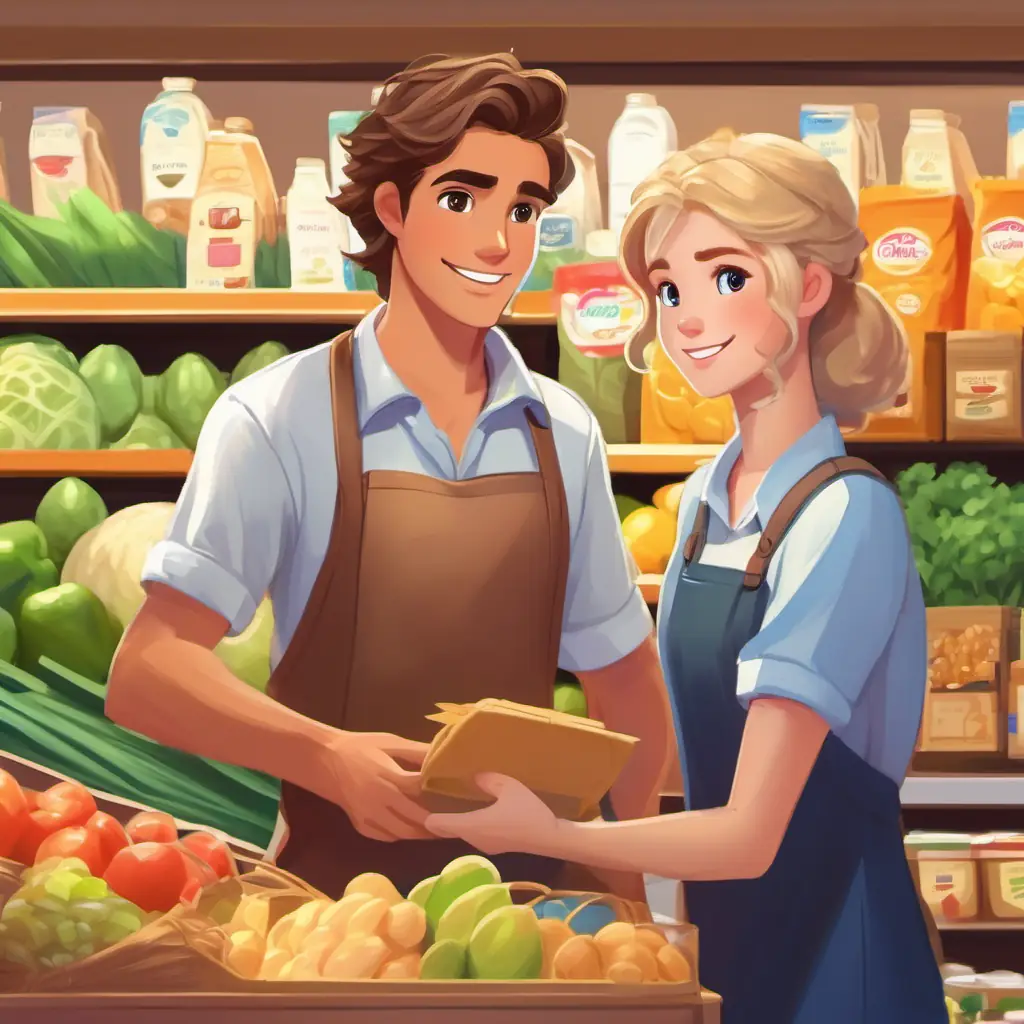 Brown hair, brown eyes, tan skin, friendly cashier and Blond hair, blue eyes, fair skin, helpful grocery boy interact, showing friendship