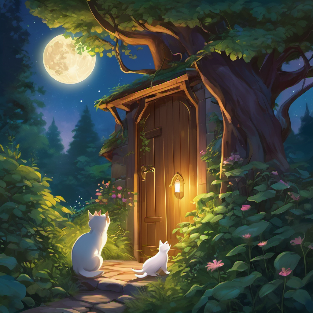 Finally, after a long journey, Oliver and Munchie reached the heart of Whispering Woods. There, beneath a mesmerizing moonflower, they found the legendary walking trail. Stretching out before them was a glowing path made of starlight, leading them to a magical door. With hopeful hearts, they pushed open the door, and to their amazement, they were welcomed by a world where cats and mice lived together in harmony. Cats and mice joyously played, sharing laughter and stories under the moon's gentle glow. Oliver and Munchie couldn't believe their eyes; their dreams had become a reality!