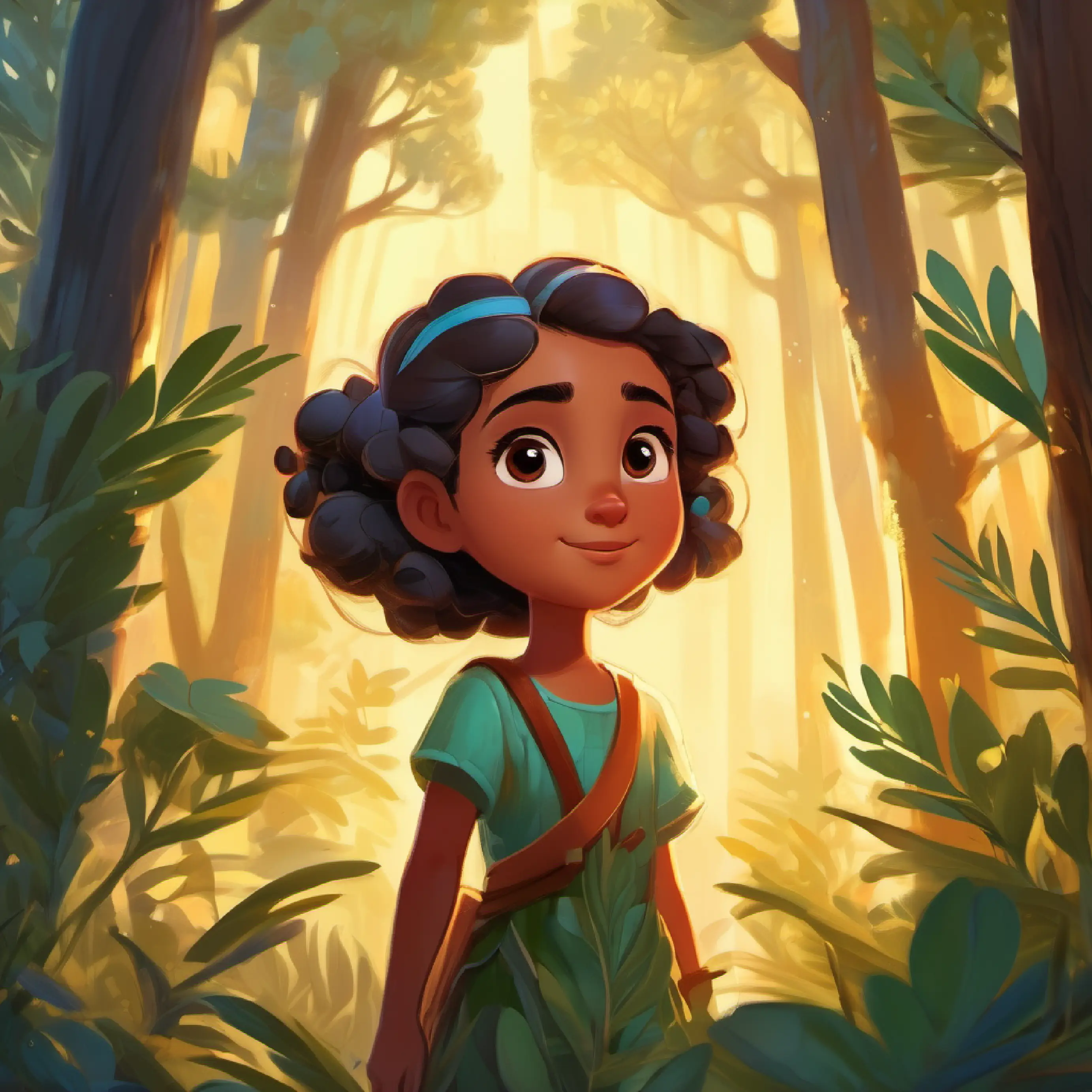 Young girl, warm skin, bright eyes, courageous and kind and Tiny talking kauri seedling, full of dreams to grow big decide to find the mystical forest.