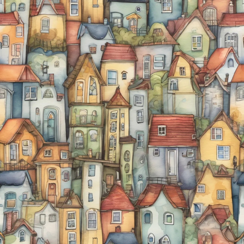 A whimsical town with cartoonish houses, featuring a small, energetic pup with floppy ears and a wagging tail.