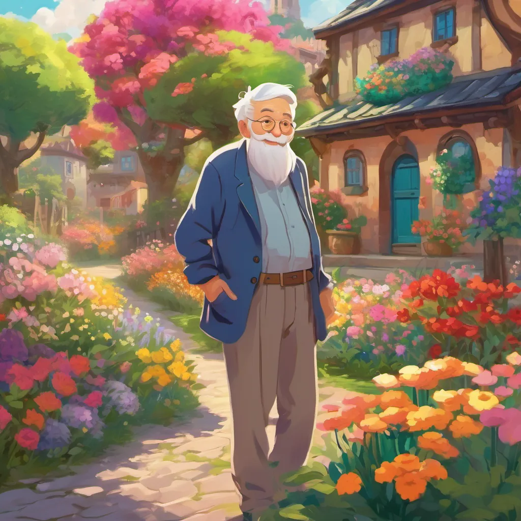 An old man with a kind face and twinkling eyes stands proudly in a vibrant, colorful garden full of blooming flowers. The setting is a cheerful and sunny little town.