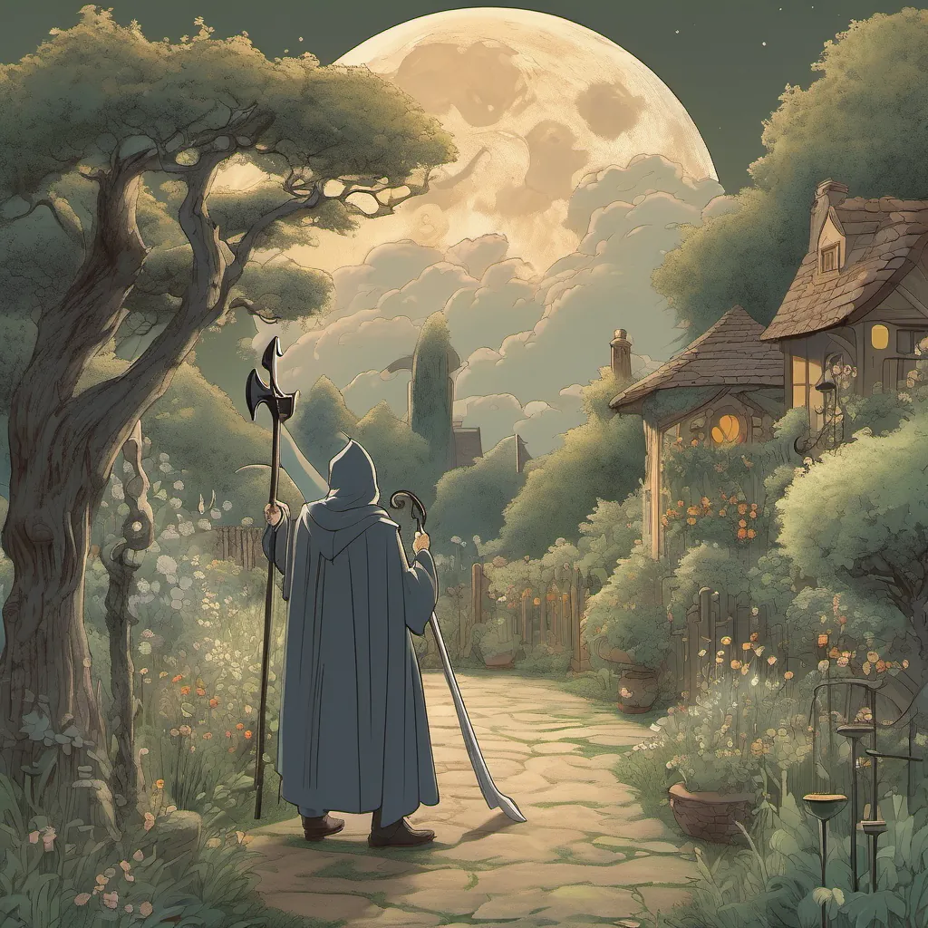 A tall, cloaked figure representing the Tall, cloaked figure with a somewhat whimsical and friendly appearance, holding a scythe, somewhat whimsical and not too scary, stands under a full moon, facing the old man in his garden.