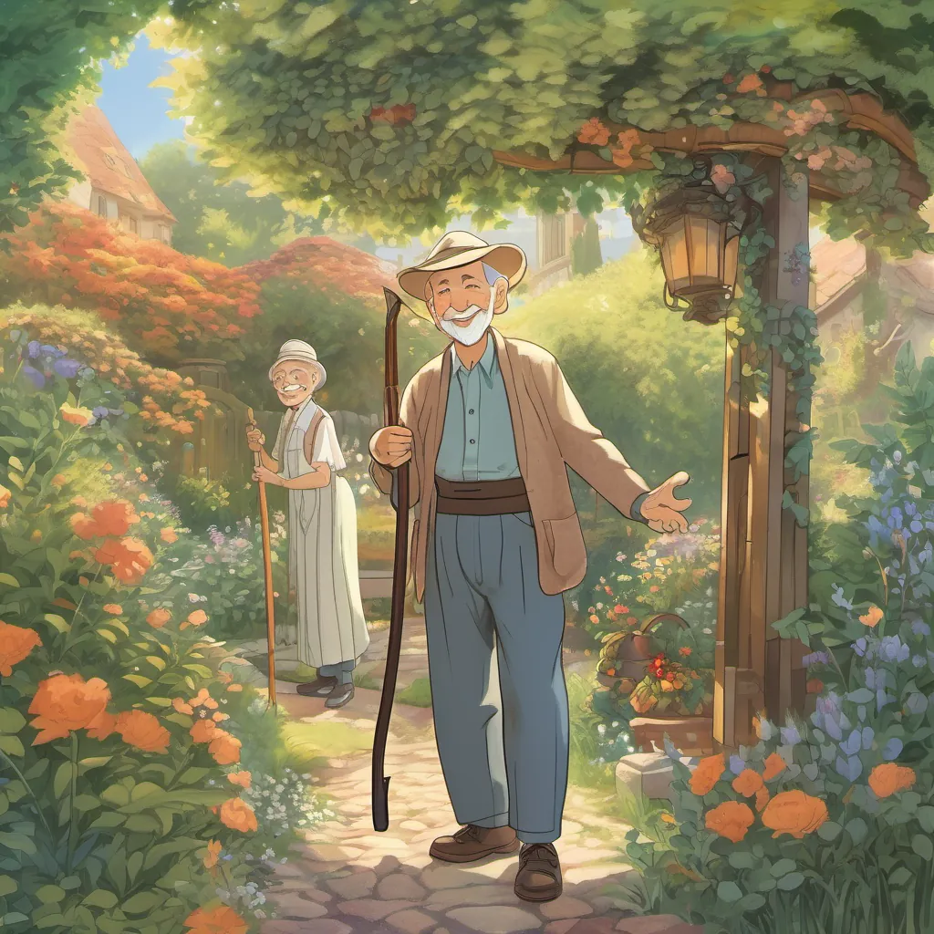 A kind, elderly man with a warm smile, twinkling eyes, and dressed in garden clothes smiles warmly and gestures to the slightly chaotic garden while the Tall, cloaked figure with a somewhat whimsical and friendly appearance, holding a scythe listens intently.