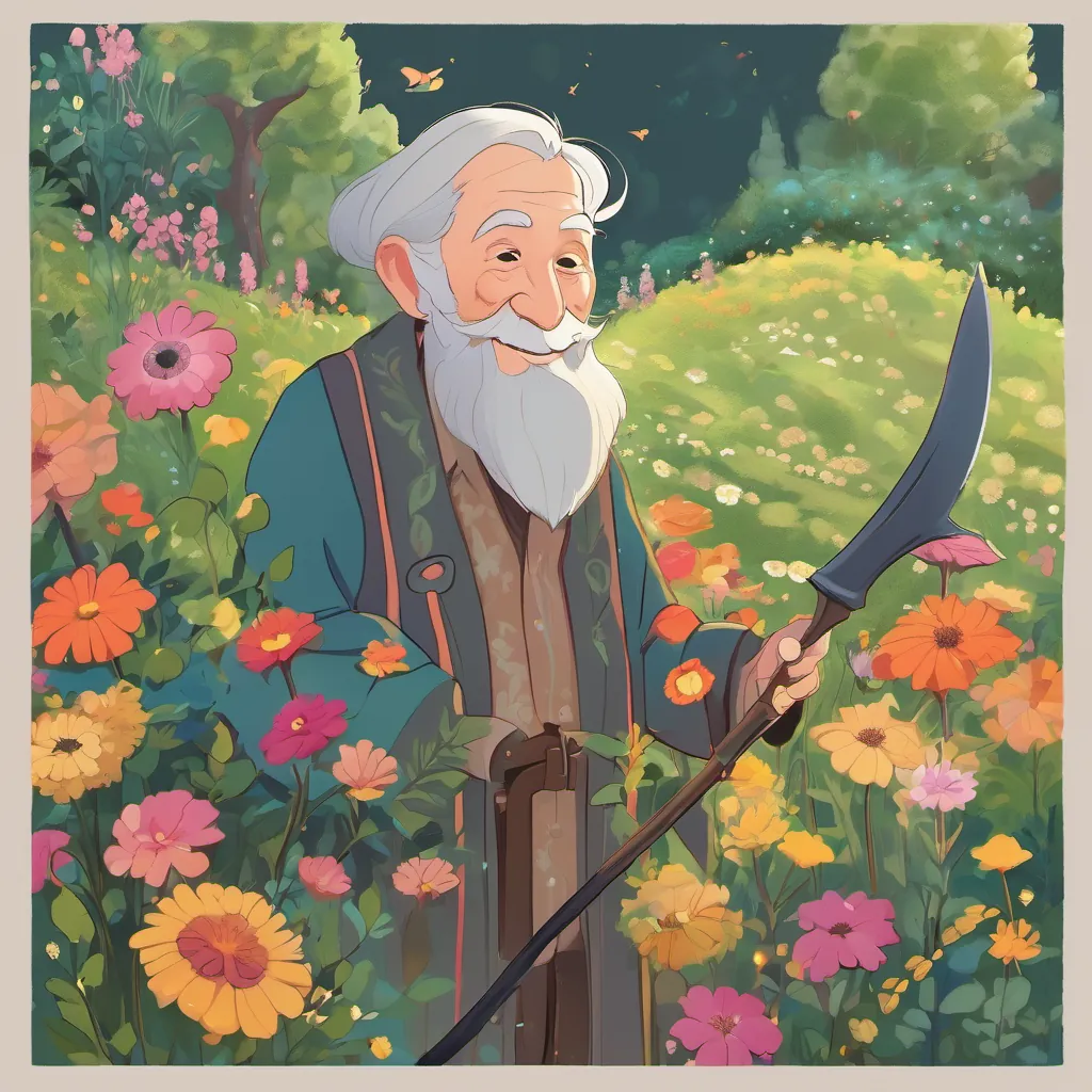 A kind, elderly man with a warm smile, twinkling eyes, and dressed in garden clothes and the Tall, cloaked figure with a somewhat whimsical and friendly appearance, holding a scythe work together in the garden, flowers magically blooming around them in vibrant colors.