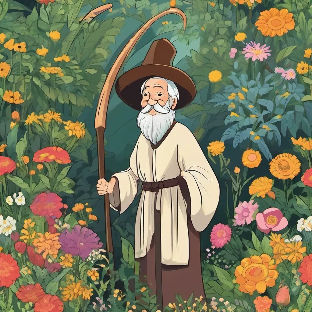A jovial Tall, cloaked figure with a somewhat whimsical and friendly appearance, holding a scythe uses his scythe to help plants grow while laughing with A kind, elderly man with a warm smile, twinkling eyes, and dressed in garden clothes. Colorful flowers and vegetables line the garden.