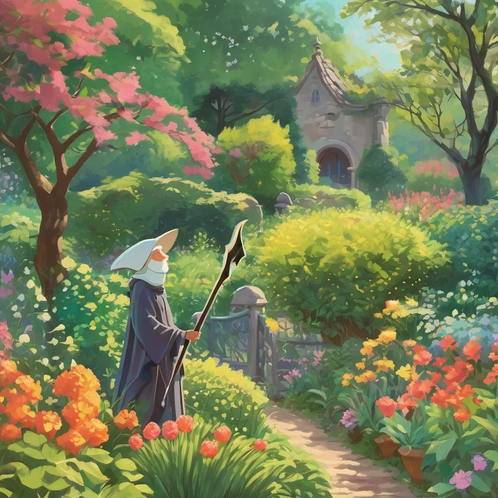 The garden is now filled with vibrant, glowing plants as the Tall, cloaked figure with a somewhat whimsical and friendly appearance, holding a scythe looks around with delight and A kind, elderly man with a warm smile, twinkling eyes, and dressed in garden clothes beams with pride.