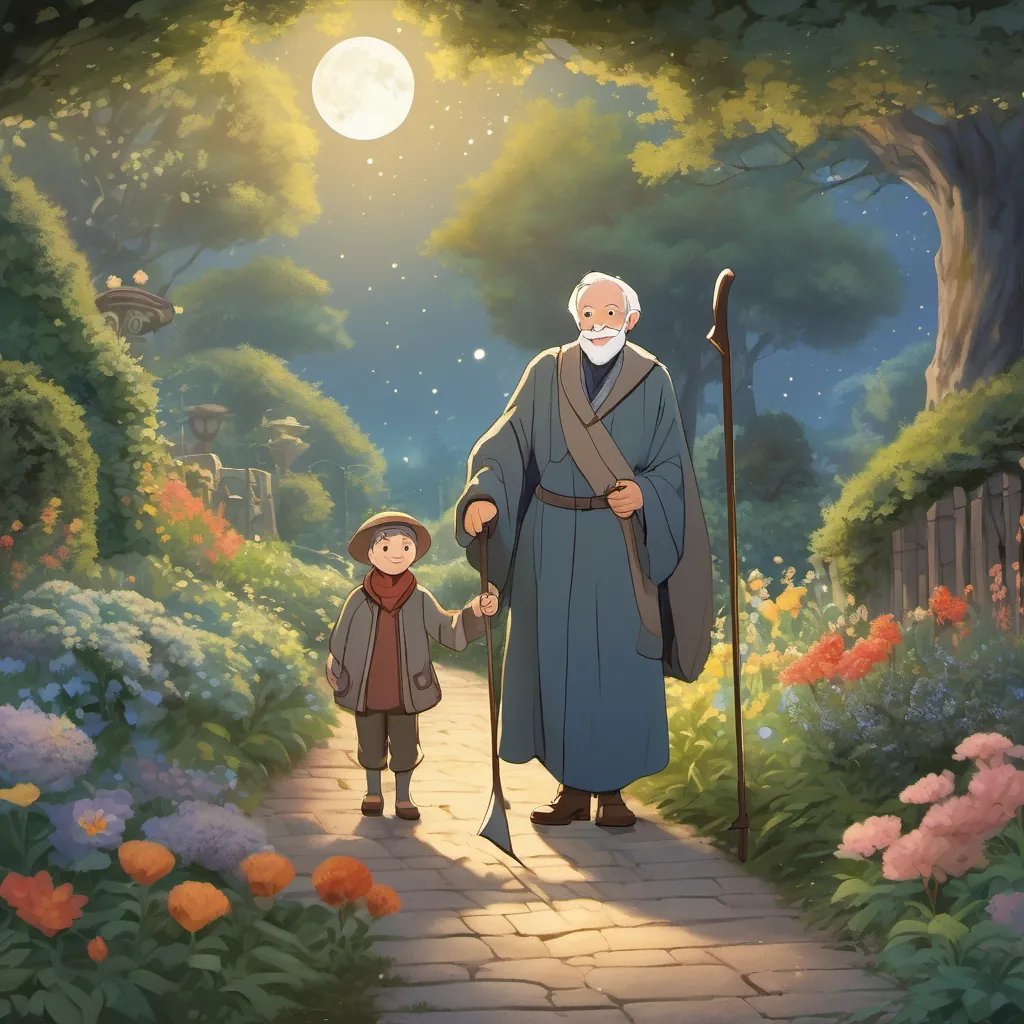 A kind, elderly man with a warm smile, twinkling eyes, and dressed in garden clothes waves a heartfelt goodbye to the Tall, cloaked figure with a somewhat whimsical and friendly appearance, holding a scythe against the backdrop of the magical garden and moonlit night.