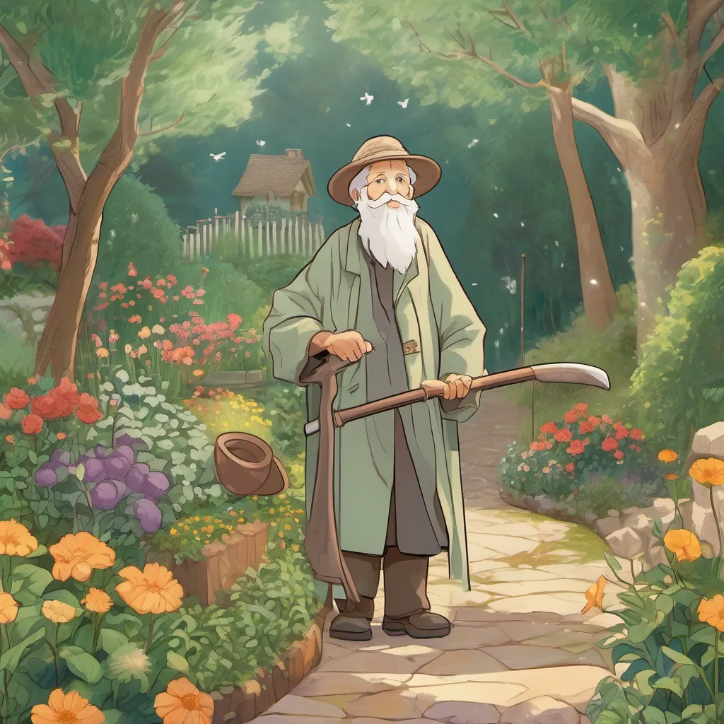 A montage of A kind, elderly man with a warm smile, twinkling eyes, and dressed in garden clothes and the Tall, cloaked figure with a somewhat whimsical and friendly appearance, holding a scythe enjoying various gardening activities, chatting, and laughing.