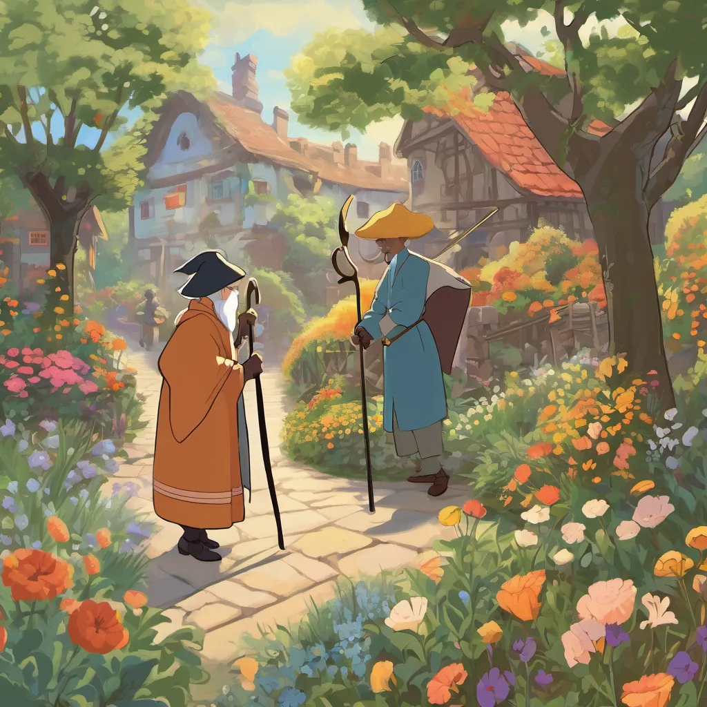 A whimsical and colorful scene of townsfolk exchanging stories, with a silhouette of the Tall, cloaked figure with a somewhat whimsical and friendly appearance, holding a scythe and A kind, elderly man with a warm smile, twinkling eyes, and dressed in garden clothes gardening in the background.