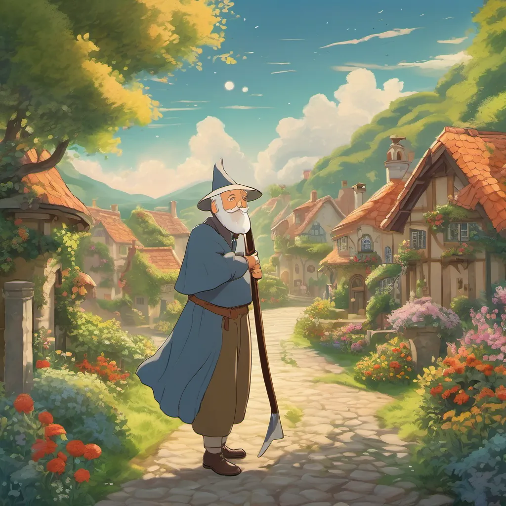 A beautiful, flourishing garden with A kind, elderly man with a warm smile, twinkling eyes, and dressed in garden clothes and the Tall, cloaked figure with a somewhat whimsical and friendly appearance, holding a scythe happily waving, surrounded by townsfolk, under a brilliant sky.