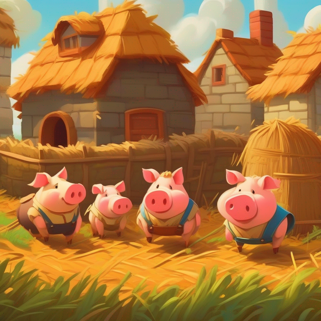 Three little pigs and their houses of straw, sticks, and bricks.