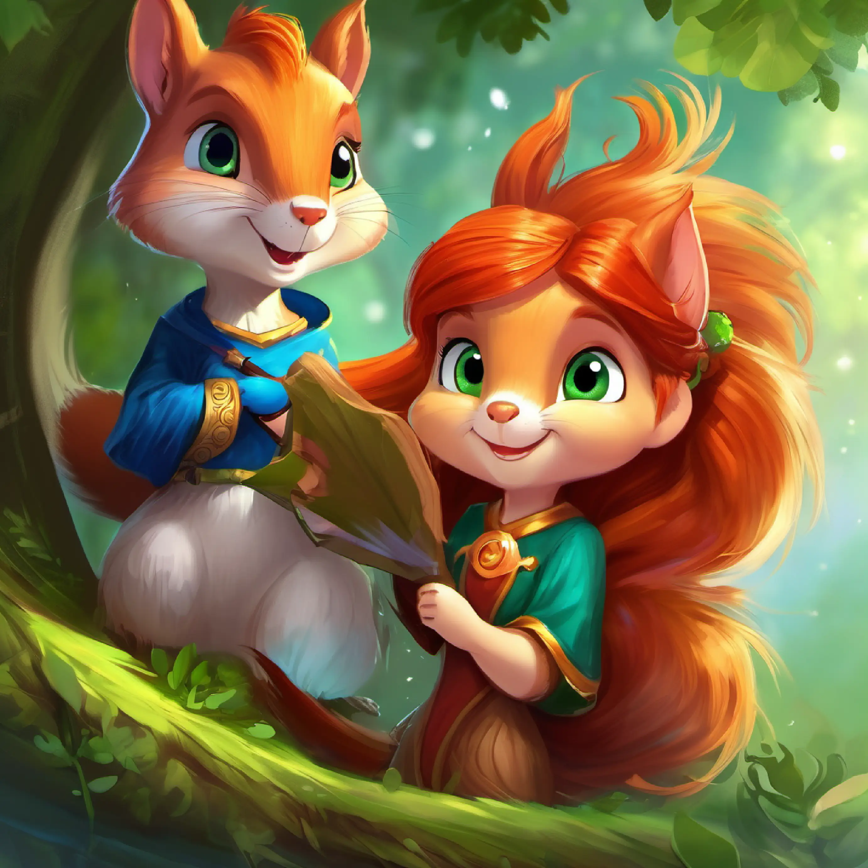 Introduction to Mischievous squirrel with bushy tail and bright, beady eyes and Princess Brave girl with freckles, green eyes, and wild red hair's favorite weapon
