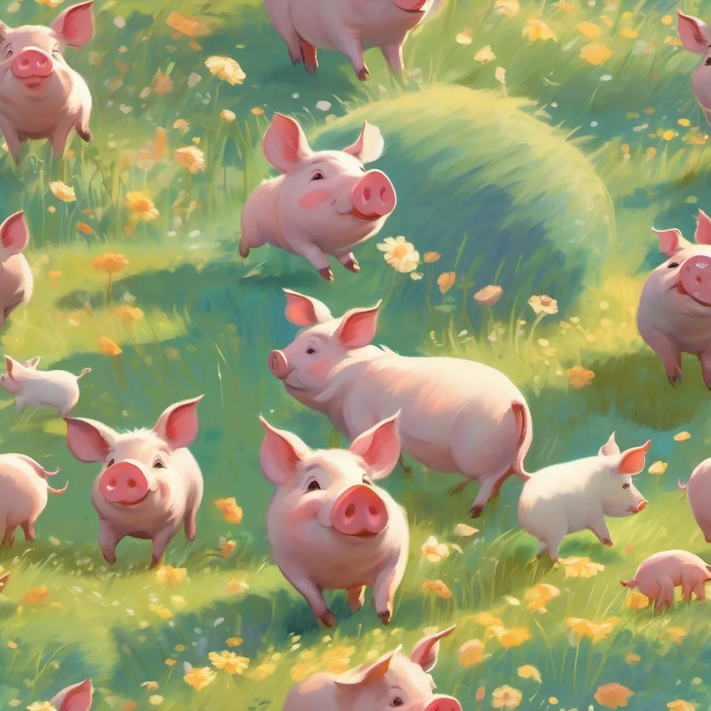 three little piggies dancing in a sunny, whimsical meadow