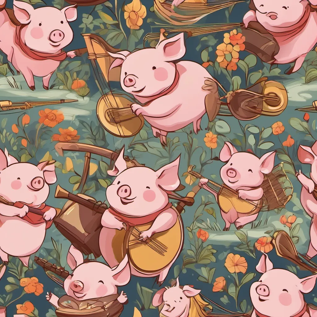 three piglets, a wise piglet with thoughtful eyes and a small hat, standing confidently looking wise, a cheerful piglet holding a harp, with a playful smile with a harp, a giggly piglet with bright eyes and a beaming smile, full of energy giggling cheerfully