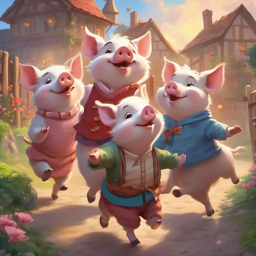 three piglets and the wolf dancing and celebrating together happily in the village
