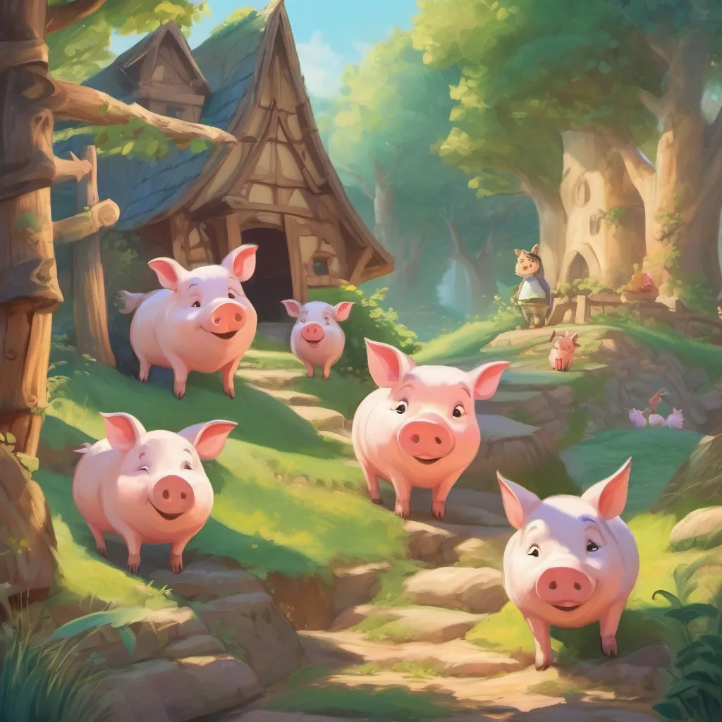 a whimsical closed storybook with a bright cover portraying three piggies and a wolf smiling together
