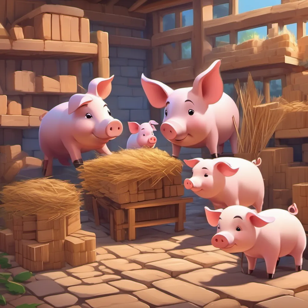 three piglets each choosing their building materials: bricks, sticks, and straw
