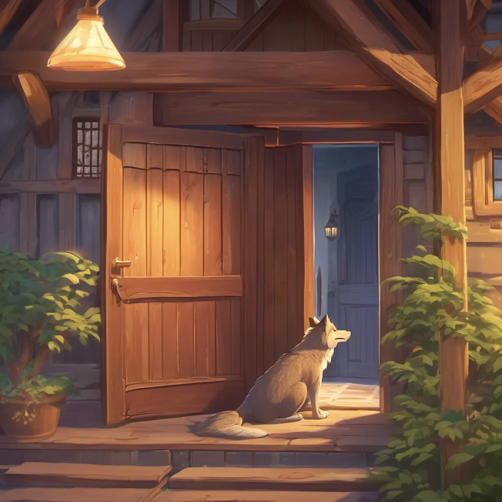 a big bad wolf standing at the door, looking gruff and ready to blow down the house