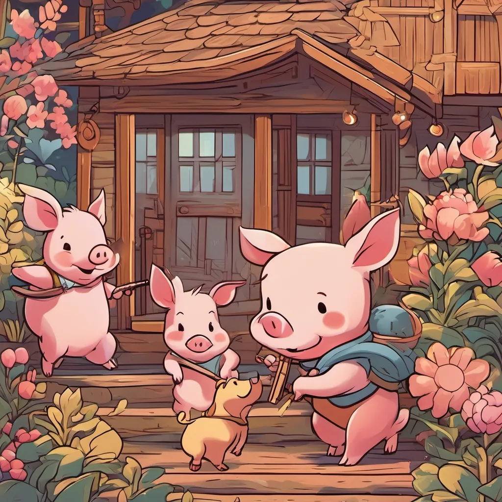 a giggly piglet with bright eyes and a beaming smile, full of energy running to a cheerful piglet holding a harp, with a playful smile's stick house, both hiding inside, with the a traditionally menacing wolf with a softened expression, signifying a change of heart outside