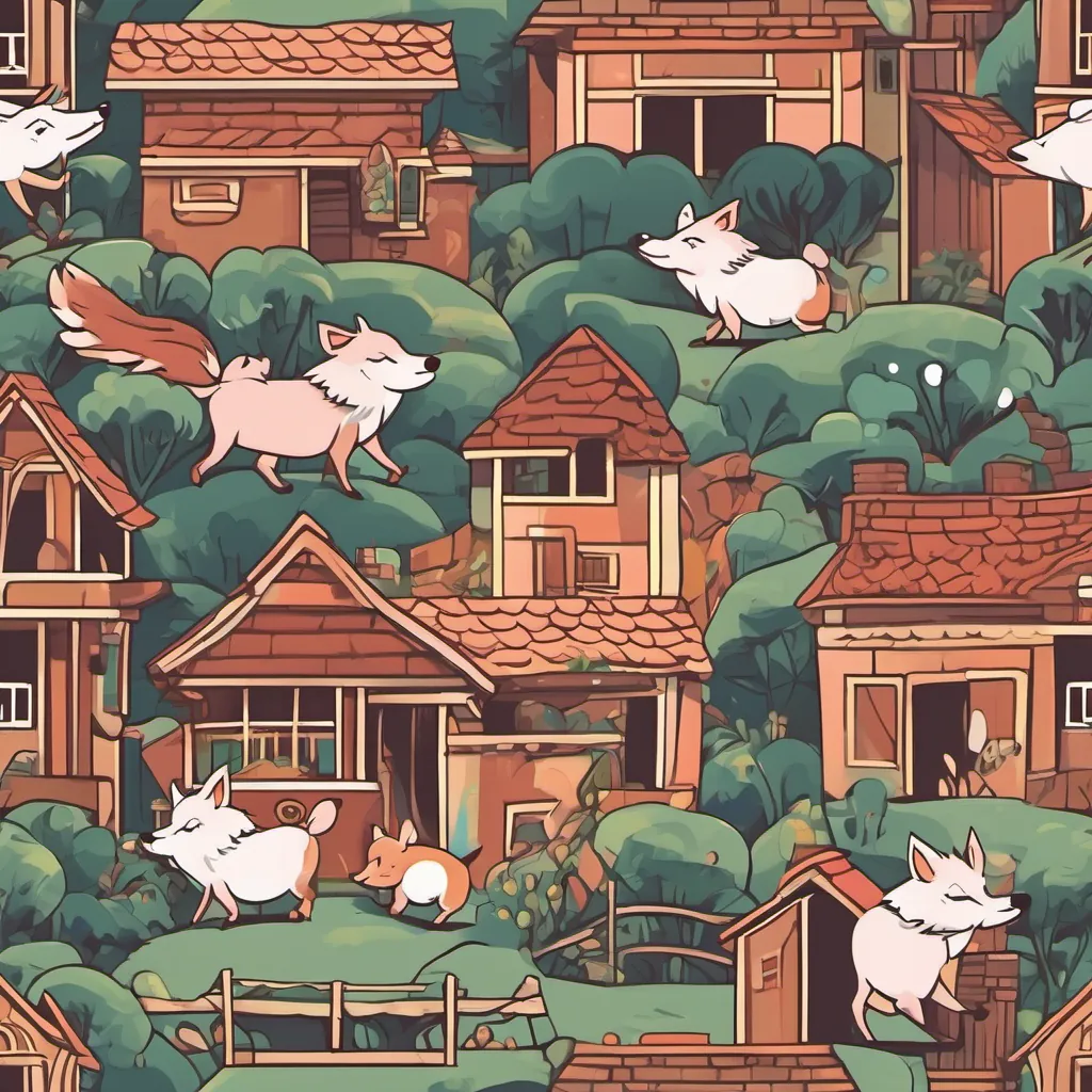 a traditionally menacing wolf with a softened expression, signifying a change of heart blowing down the stick house, a cheerful piglet holding a harp, with a playful smile and a giggly piglet with bright eyes and a beaming smile, full of energy running to the brick house