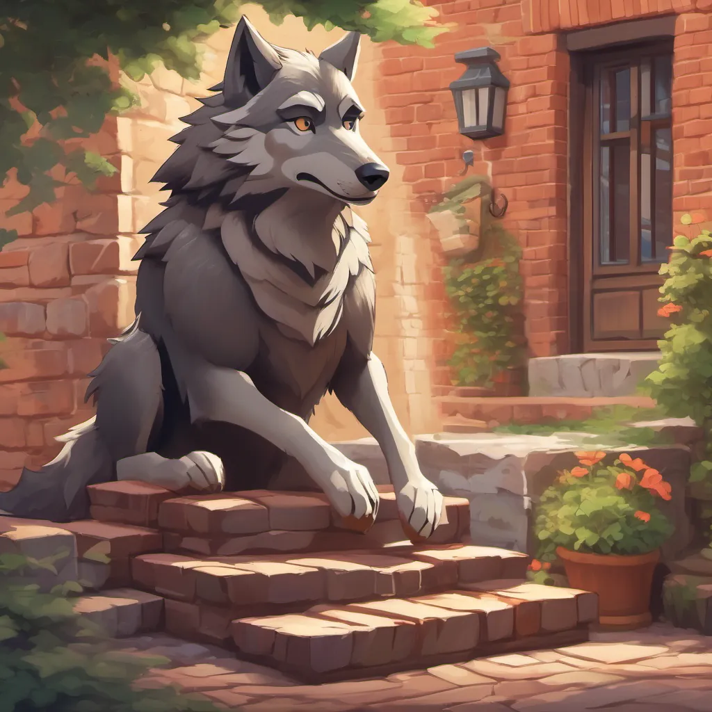 a traditionally menacing wolf with a softened expression, signifying a change of heart exhausted from trying to blow down the sturdy brick house