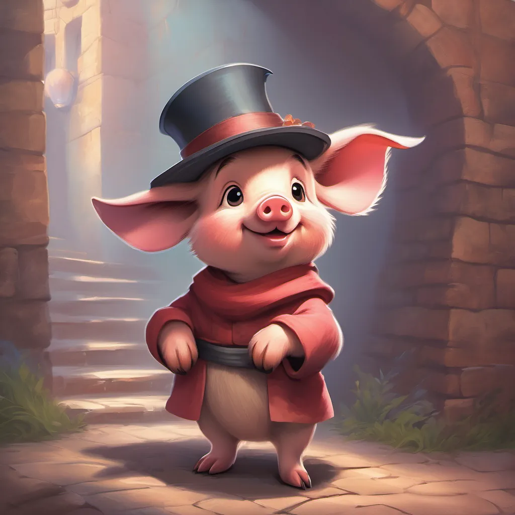 a wise piglet with thoughtful eyes and a small hat, standing confidently smiling brightly, capturing the a traditionally menacing wolf with a softened expression, signifying a change of heart in the chimney