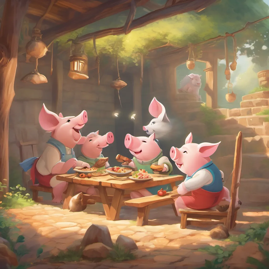three piglets and the wolf sharing a meal, celebrating their newfound friendship