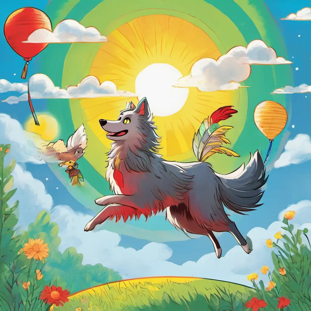 The page shows Bibo is a little wolf He has gray fur and big green eyes throwing a shuttlecock in the air. Zizo is a rooster with colorful feathers He has red skin and bright yellow eyes is running after it with a big smile on his face. The sky is blue and the sun is shining.