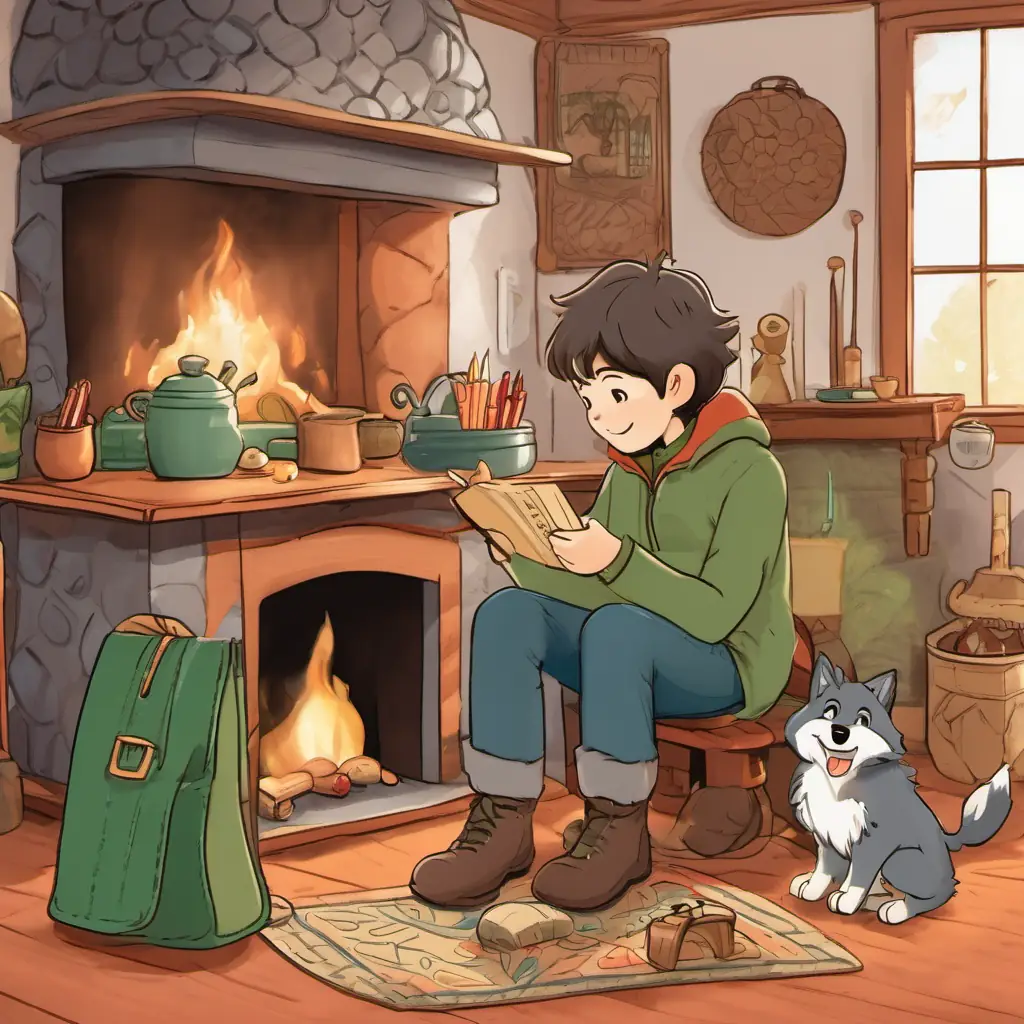 The page shows Bibo is a little wolf He has gray fur and big green eyes holding a boot and putting it into a bag. His dad is smiling and patting Bibo is a little wolf He has gray fur and big green eyes's head. The room is cozy with a fireplace and a table with tools.