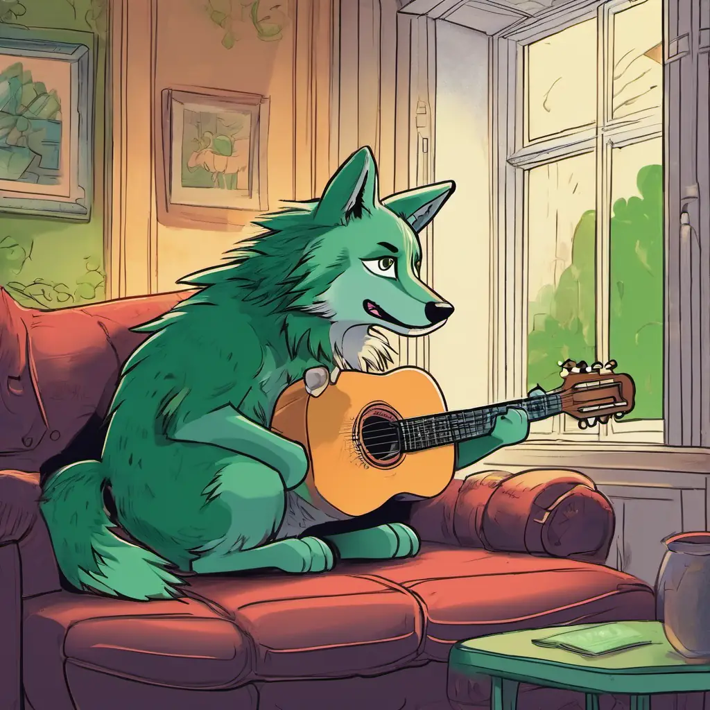 The page shows Bibo is a little wolf He has gray fur and big green eyes playing the guitar with a mischievous smile on his face. Then, he sees a large and intimidating ox outside the window. Bibo is a little wolf He has gray fur and big green eyes's eyes widen in fear as he jumps onto the sofa.