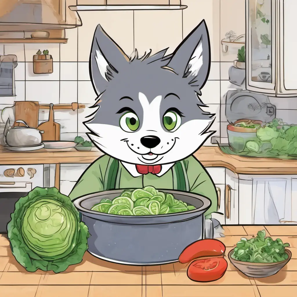 The page shows Bibo is a little wolf He has gray fur and big green eyes in the kitchen, mixing cabbage in a pot of soup and adding sliced cucumbers to a bowl of salad. He has a mischievous grin on his face.