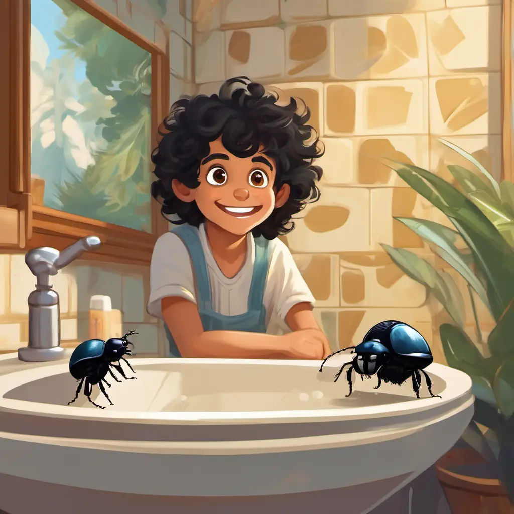 Curly black hair, brown eyes, a mischievous smile in the bathroom, dung beetles following him, surprised and confused