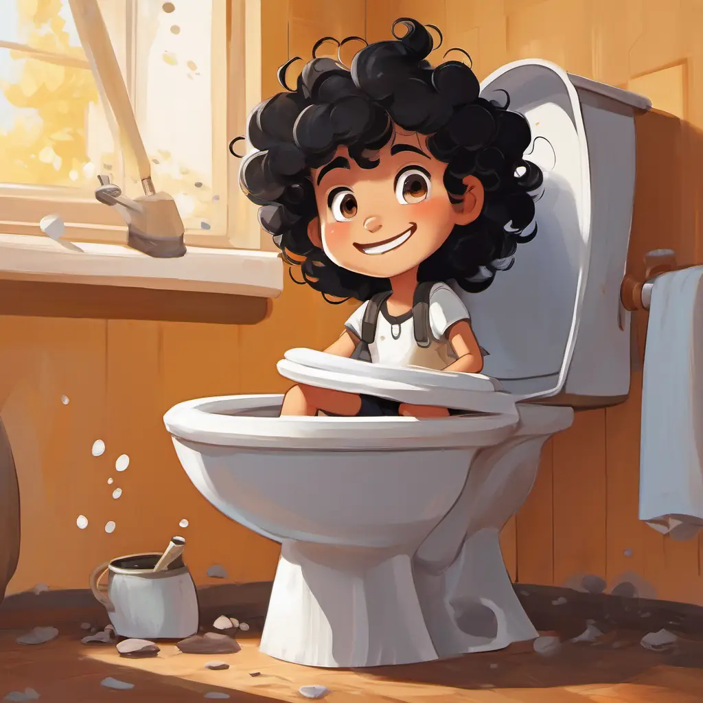 Curly black hair, brown eyes, a mischievous smile slipping and falling into the toilet, covered in poop, feeling embarrassed and gross