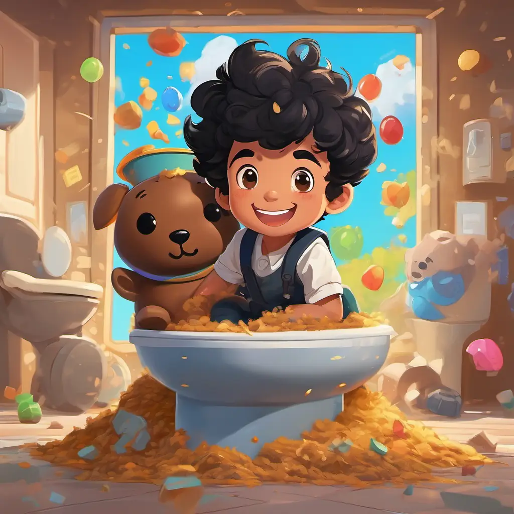 Curly black hair, brown eyes, a mischievous smile triggering the toy grenade, poop exploding in the toilet, chaos and mess