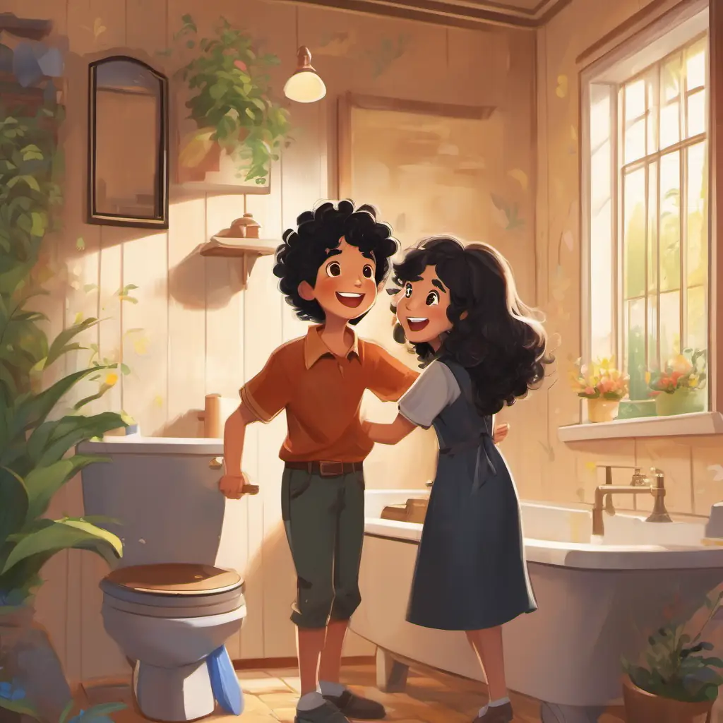 Curly black hair, brown eyes, a mischievous smile's parents entering the bathroom, cleaning up the mess, laughing and hugging