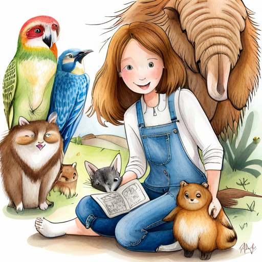 Ruby sitting with a group of animals and creatures, feeling happy and grateful