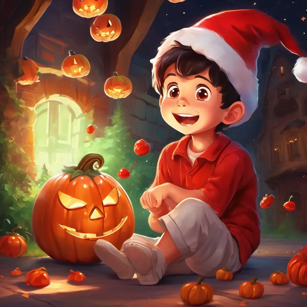 A lively boy with a red Santa hat and twinkling eyes giggled as he gobbled gummy treats, making funny noises and tapping his toes.