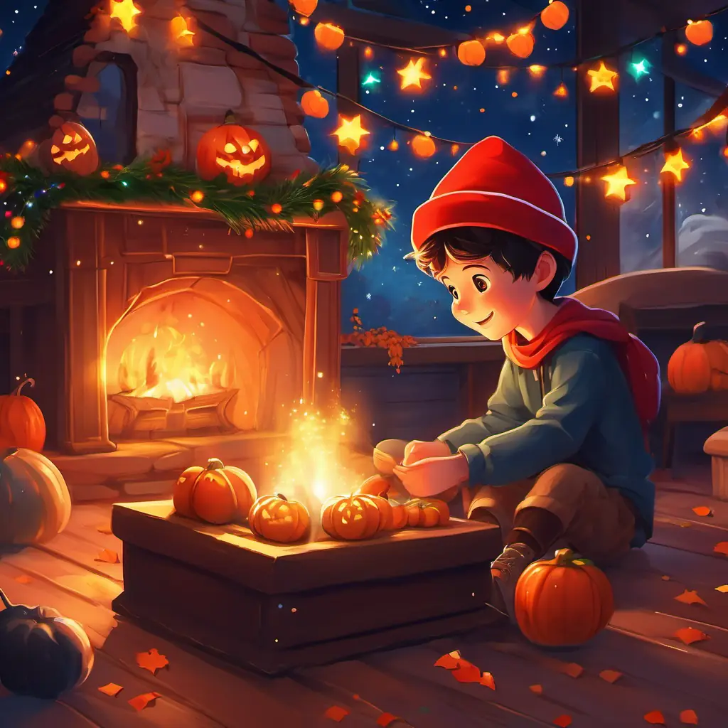 Under a starry sky, A lively boy with a red Santa hat and twinkling eyes's playful tunes filled the house with happiness and holiday magic, with twinkling lights and a cozy fireplace.