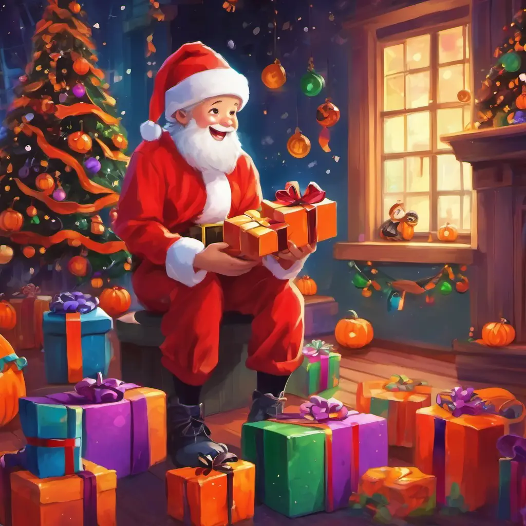 With bells jingling and toys clattering, A lively boy with a red Santa hat and twinkling eyes's cheerful noise filled the air with holiday happiness, in a room filled with colorful presents.