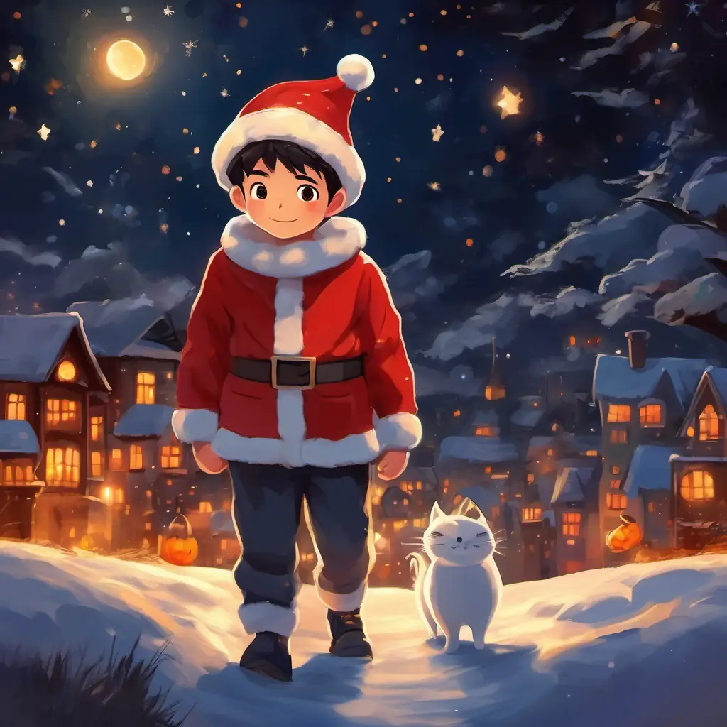 In the hushed night, with a new day approaching, A lively boy with a red Santa hat and twinkling eyes whispered 'Merry Christmas, goodnight,' surrounded by warm blankets and twinkling stars in the night sky.