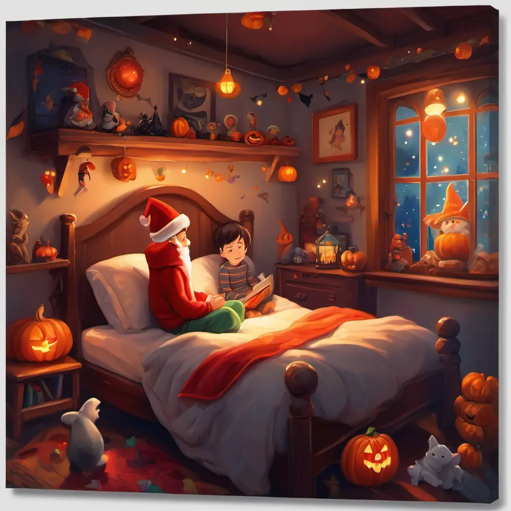 A cozy bedroom with a snuggly A lively boy with a red Santa hat and twinkling eyes tucked into bed, surrounded by toys and a twinkling nightlight as he drifts into dreamland.